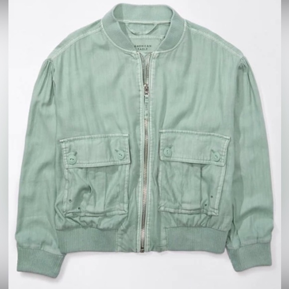 American Eagle Outfitters Jackets & Blazers - American Eagle-Linen-Blend Cropped Bomber Jacket-Size Small-Moss Grey